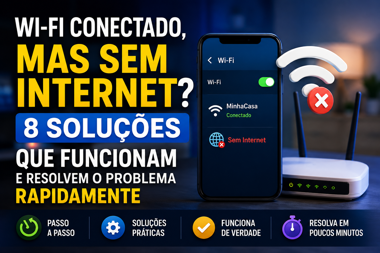 Celular conectado ao Wi-Fi, mas sem acesso à internet ao lado de um roteador, ilustrando soluções para corrigir problemas de conexão.