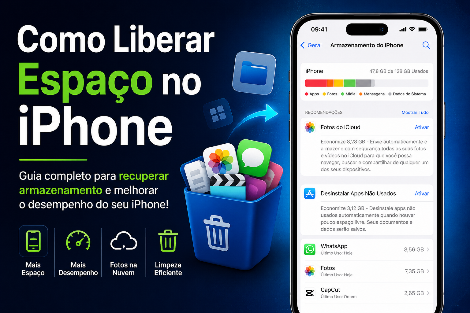 Ilustração mostrando um iPhone com a tela de armazenamento aberta e ícones de aplicativos sendo removidos para liberar espaço e melhorar o desempenho do dispositivo.