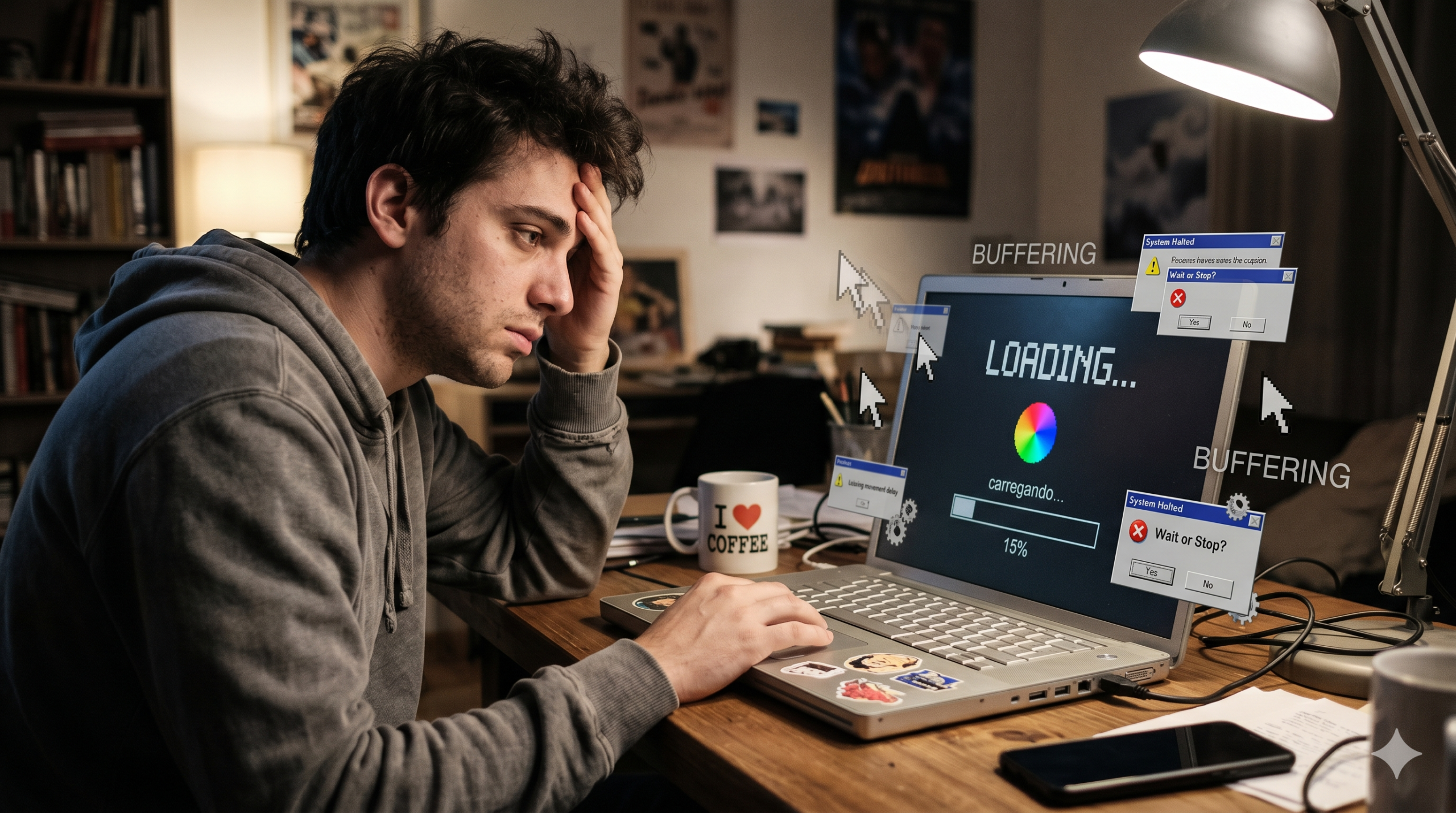 Notebook lento na inicialização carregando Windows com tela de loading e usuário frustrado