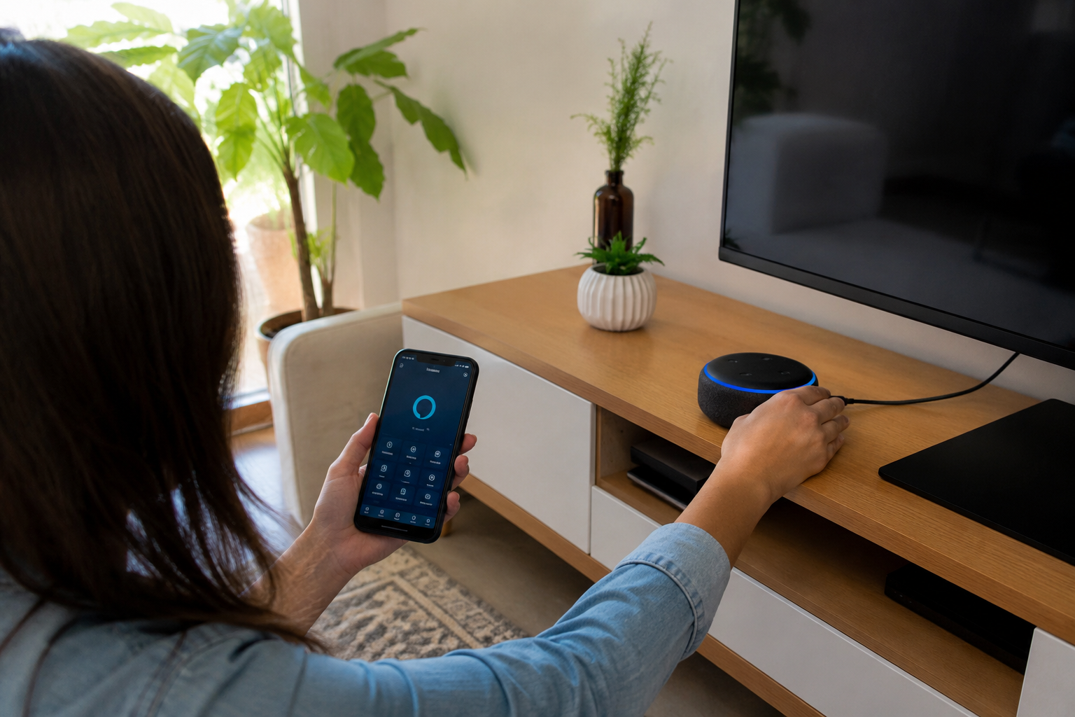 Como instalar e configurar a Alexa pela primeira vez Pessoa configurando uma Alexa Echo Dot pela primeira vez usando o aplicativo Amazon Alexa em um smartphone.