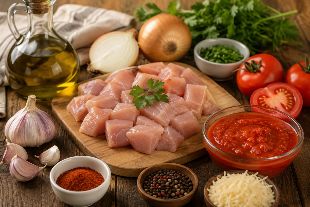 Benefícios dos alimentos do dia a dia com frango, tomate, alho, cebola e temperos