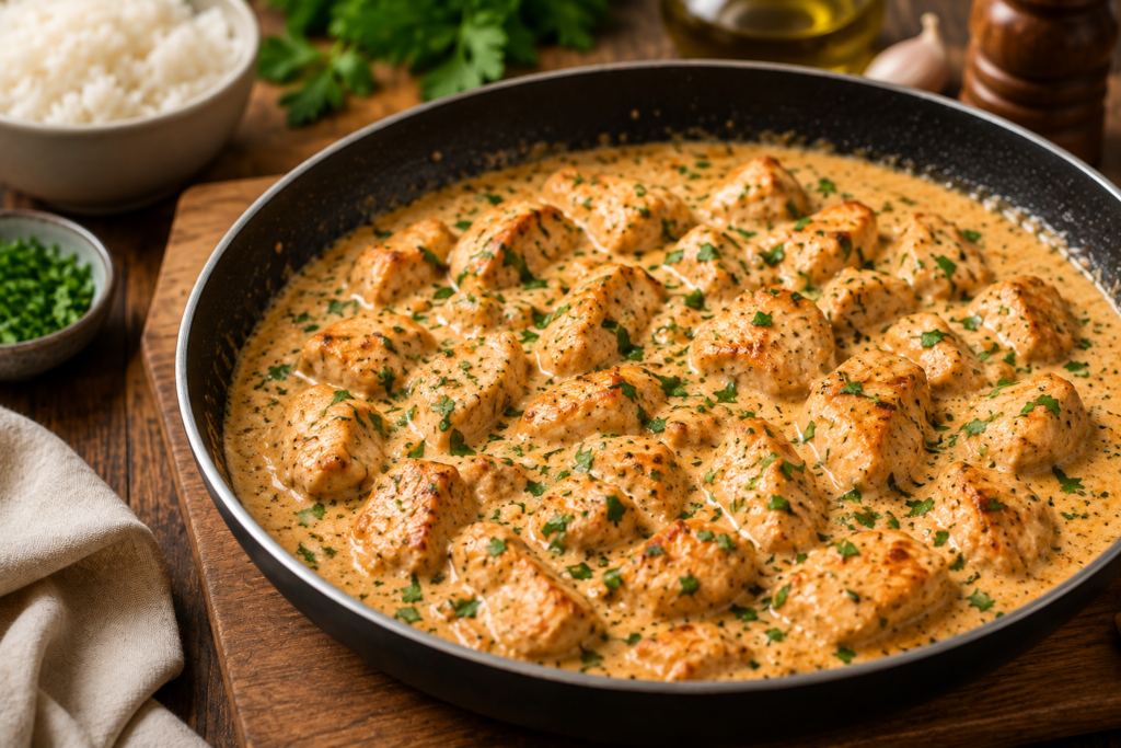 Frango Cremoso na Frigideira com pedaços de frango dourados em molho cremoso e ervas frescas