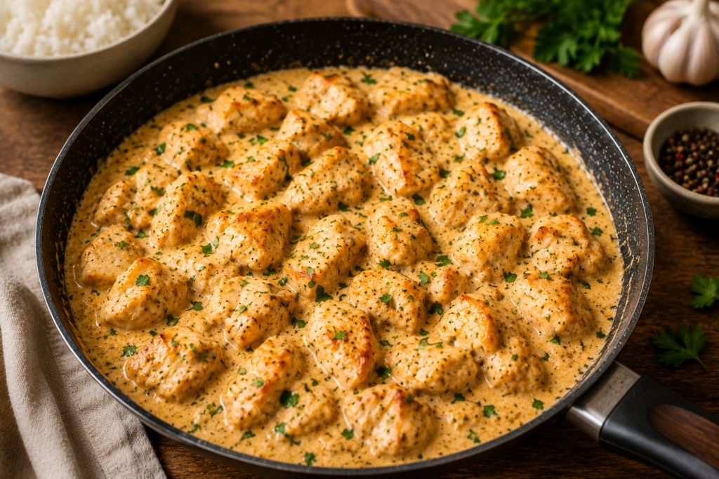 Frango Cremoso na Frigideira com pedaços de frango dourados em molho cremoso