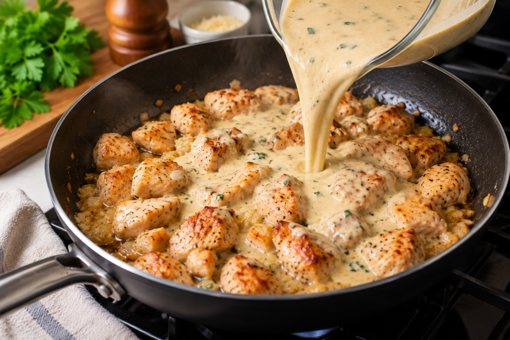 Frango Cremoso na Frigideira com pedaços de frango dourados em molho cremoso