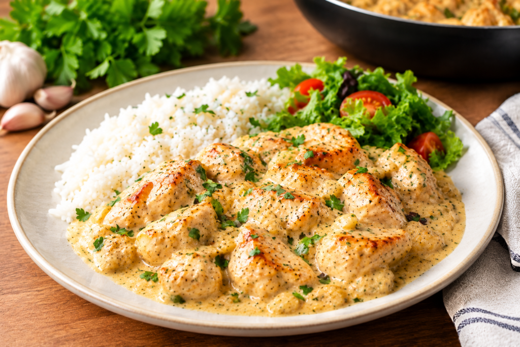 Frango Cremoso na Frigideira servido com arroz branco e salada fresca