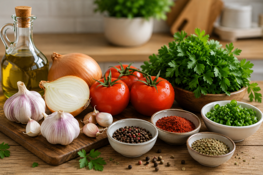Benefícios dos alimentos com tomate, alho, cebola, azeite, ervas e temperos