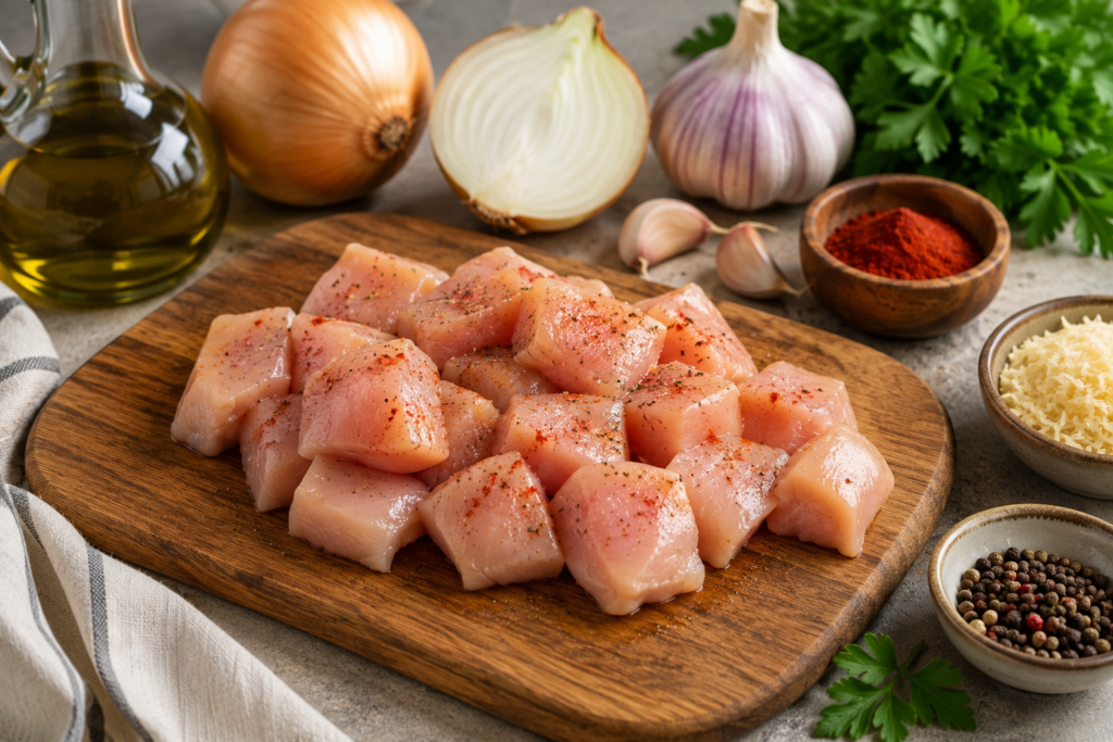 Benefícios dos alimentos com peito de frango, alho, cebola, azeite e temperos frescos