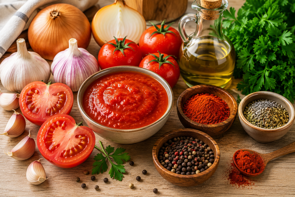 Benefícios dos alimentos com molho de tomate, alho, cebola, azeite e temperos