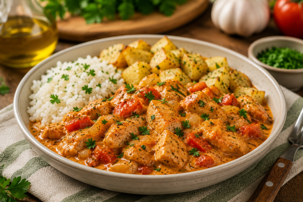 Benefícios dos alimentos em uma refeição com frango cremoso, arroz, batatas e ingredientes frescos