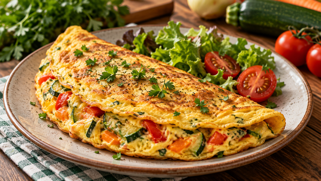 Omelete de legumes dourado com cenoura, abobrinha, tomate e pimentão servido com salada