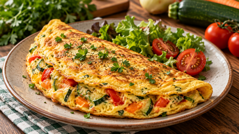 Omelete de legumes dourado com cenoura, abobrinha, tomate e pimentão servido com salada