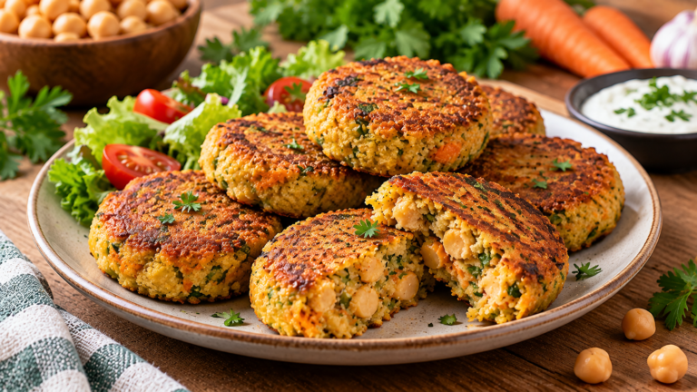 Bolinho de grão-de-bico dourado preparado na frigideira com legumes e ervas frescas