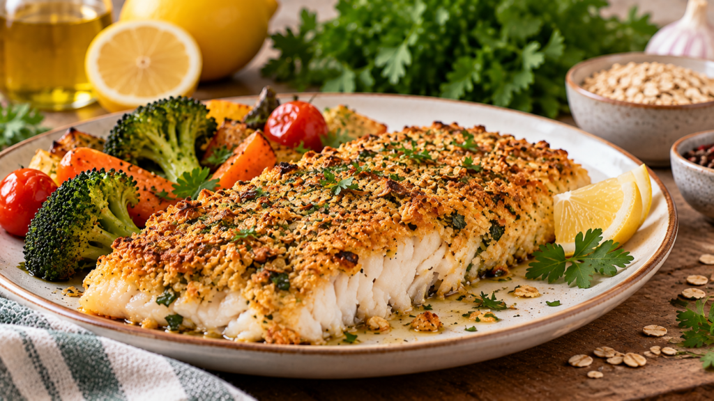 Peixe assado com crosta de aveia e ervas servido com legumes e limão