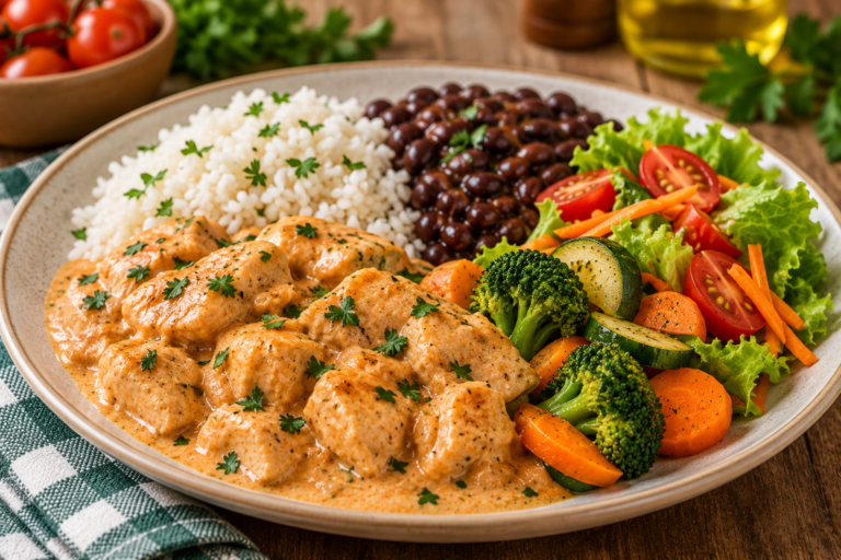 Frango cremoso com arroz, feijão, legumes e salada para uma refeição equilibrada