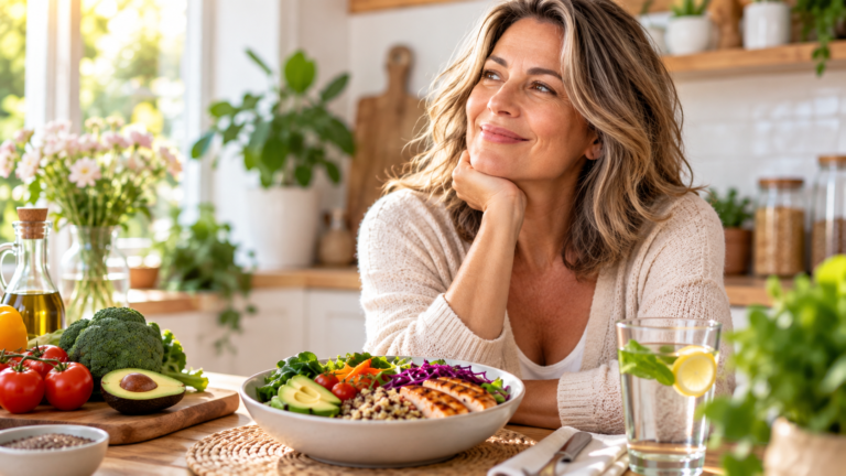 Mulher na perimenopausa e menopausa em uma cozinha com refeição saudável