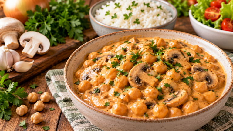 Strogonoff de Grão-de-Bico cremoso com champignon servido com arroz e salada