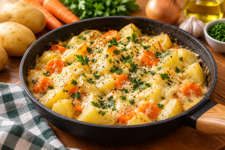 Batata Cremosa de frigideira com cenoura e molho cremoso