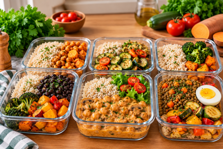 Marmitas vegetarianas com arroz, feijão, lentilha, grão-de-bico e legumes para organizar a semana