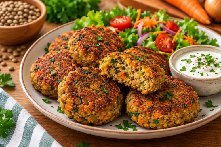 Bolinho de Lentilha dourado servido com salada e molho cremoso