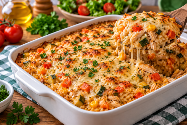 Arroz de Forno com Frango dourado com legumes e queijo derretido