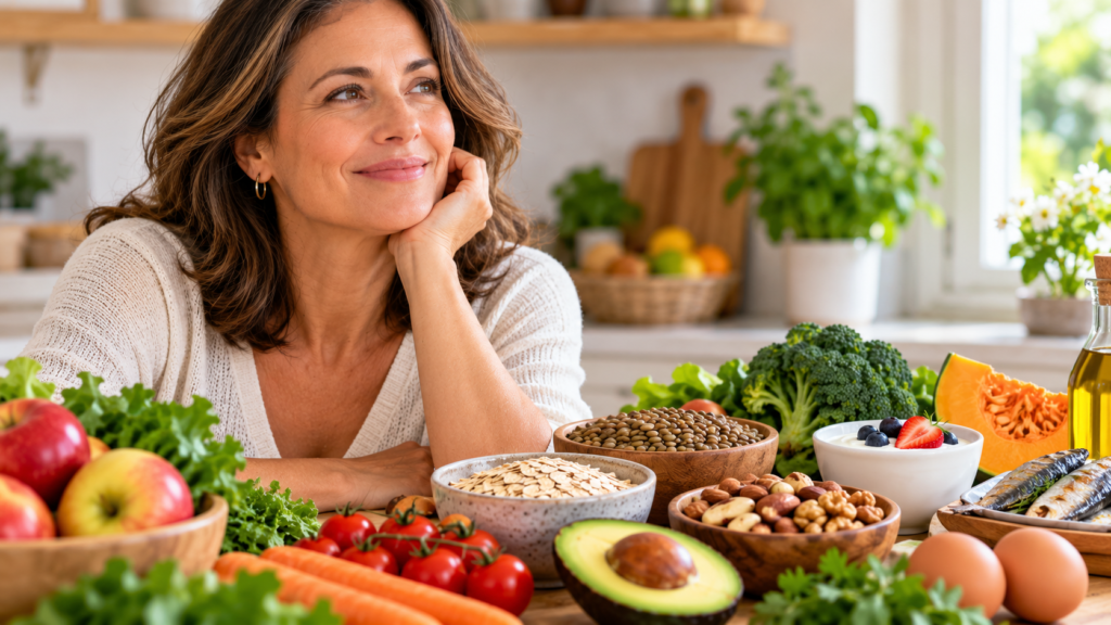 Alimentos para mulheres +40 em uma cozinha com frutas, verduras, legumes, ovos, lentilha, aveia e castanhas