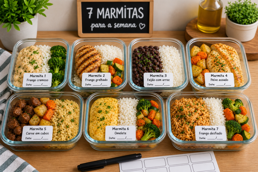 7 marmitas prontas e organizadas para a semana da mulher 40 que malha.
