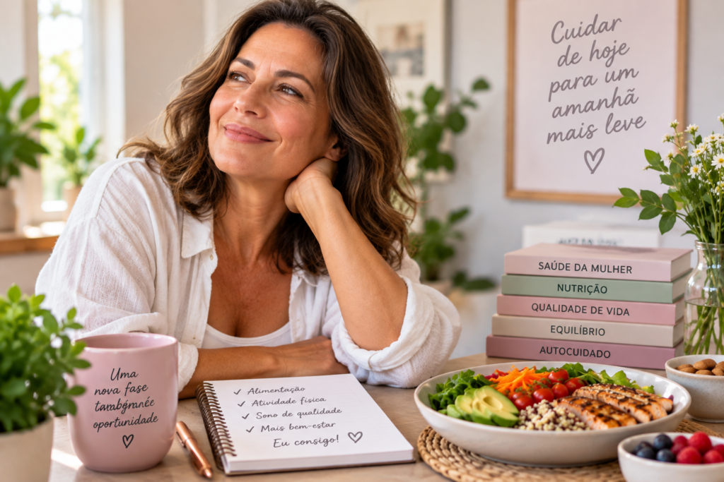 Mulher na perimenopausa e menopausa cuidando da alimentação e organizando uma rotina saudável