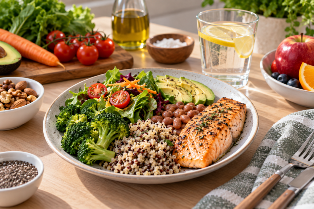 Prato variado com alimentos naturais para a perimenopausa e menopausa