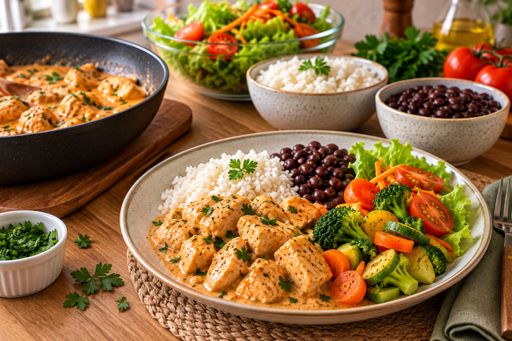 Refeição equilibrada com frango cremoso, arroz, feijão, legumes e salada