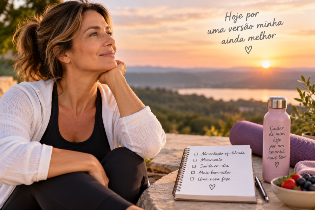 Mulher refletindo sobre cuidados e bem-estar durante a perimenopausa e menopausa