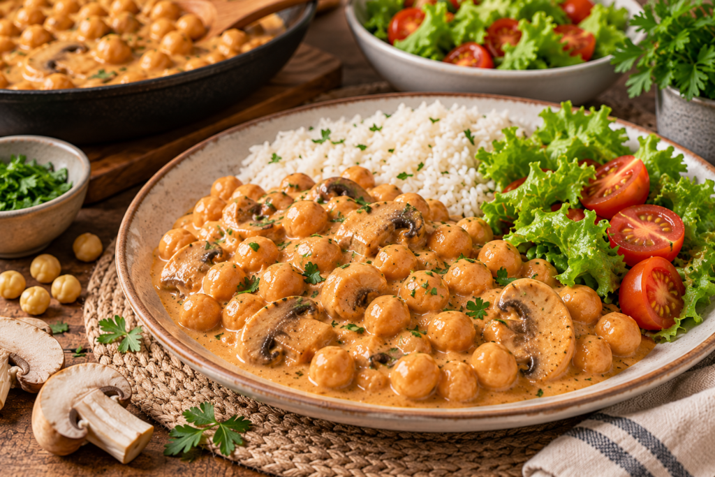Strogonoff de Grão-de-Bico com champignon servido com arroz e salada fresca