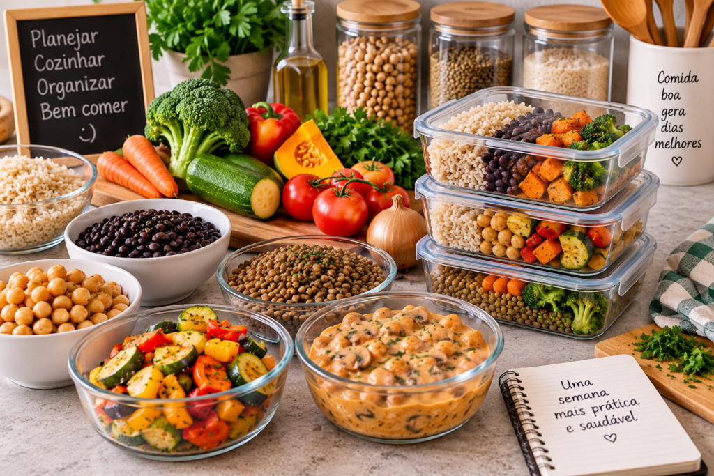 Marmitas vegetarianas organizadas com arroz, feijão, lentilha, grão-de-bico e legumes para a semana