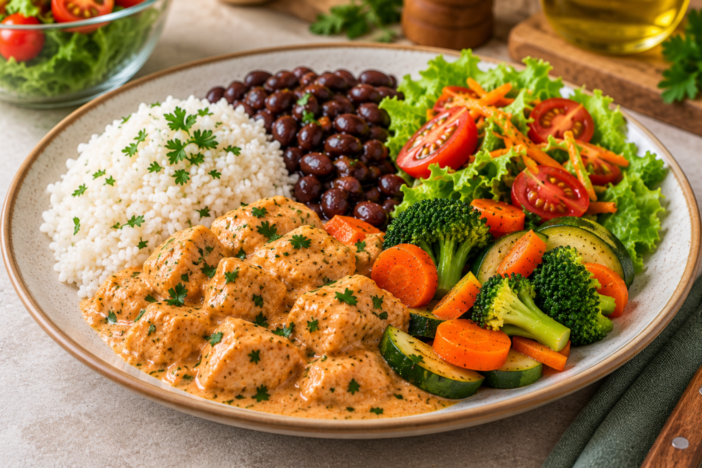 Refeição equilibrada com frango cremoso, arroz, feijão, legumes e salada