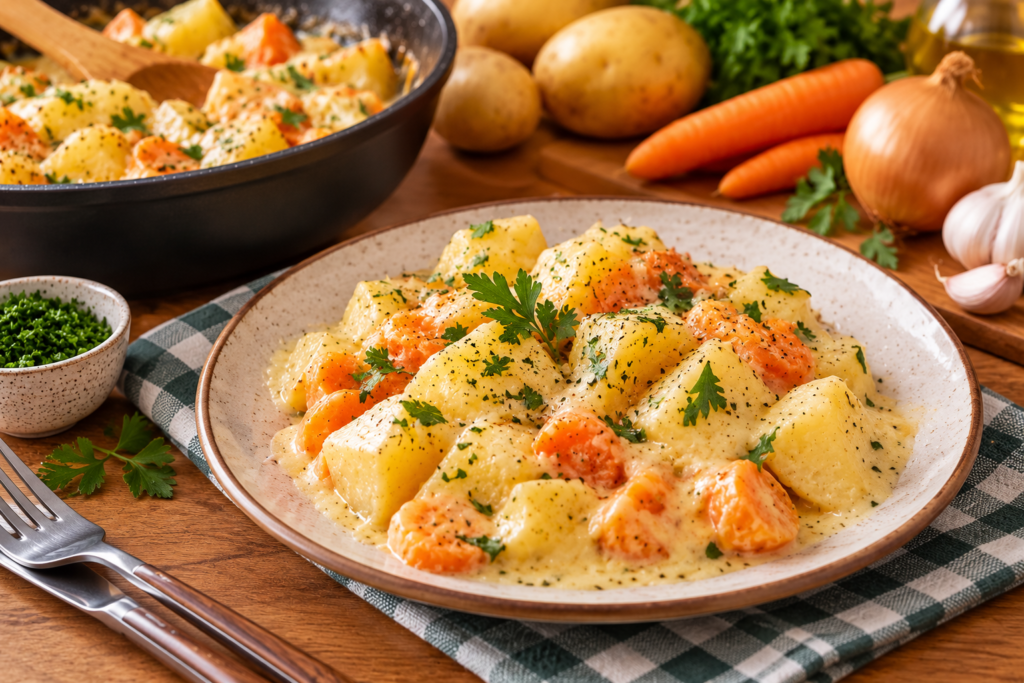 Batata Cremosa com cenoura servida em prato, preparada com molho cremoso e ervas