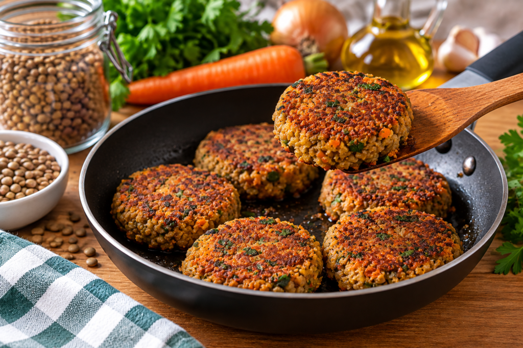 Bolinho de Lentilha dourando na frigideira com legumes e ervas frescas