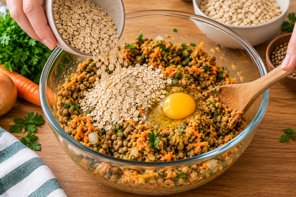 Mistura de lentilha, ovo, aveia e cenoura para preparar Bolinho de Lentilha