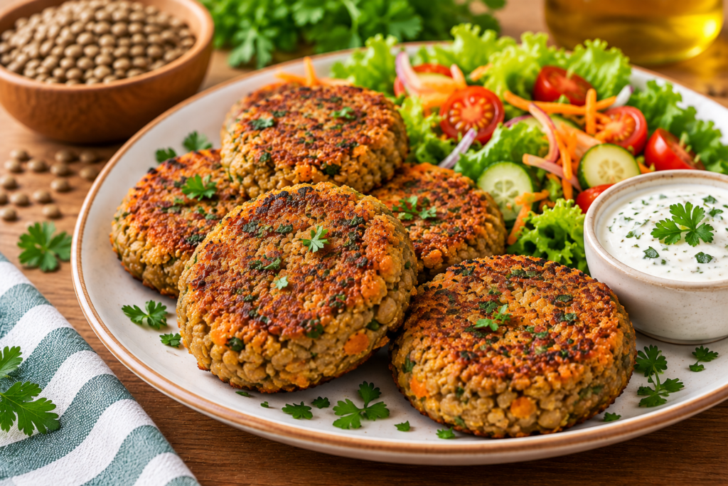 Bolinho de Lentilha dourado servido com salada fresca e molho cremoso