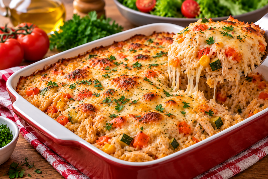 Arroz de Forno com Frango dourado com legumes e queijo derretido