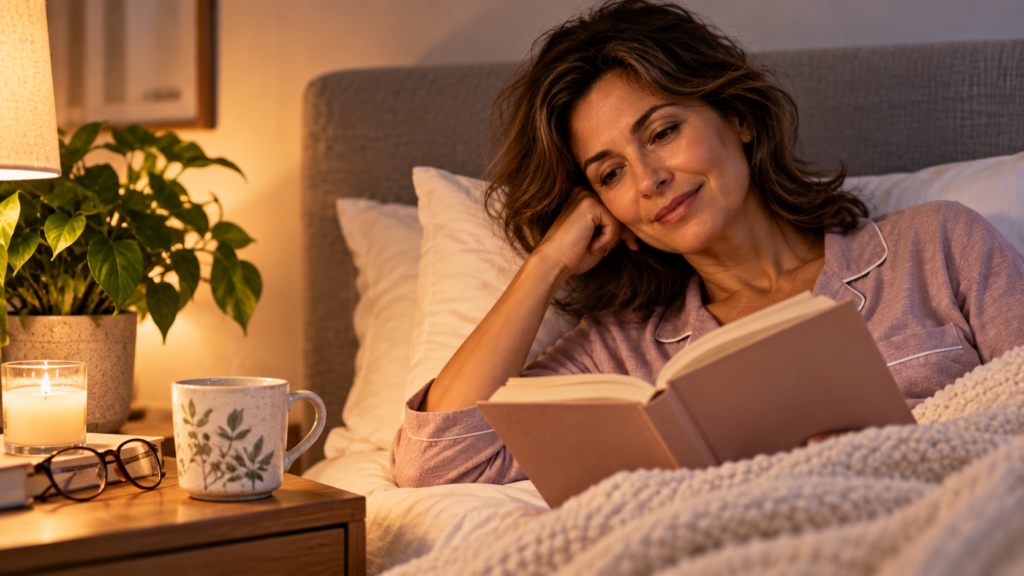Mulher lendo tranquilamente antes de dormir, criando uma rotina de sono depois dos 40