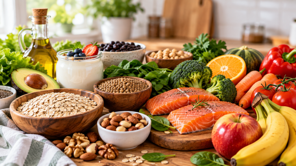 Alimentos para mulheres +40 com frutas, verduras, legumes, aveia, lentilha, castanhas e peixe
