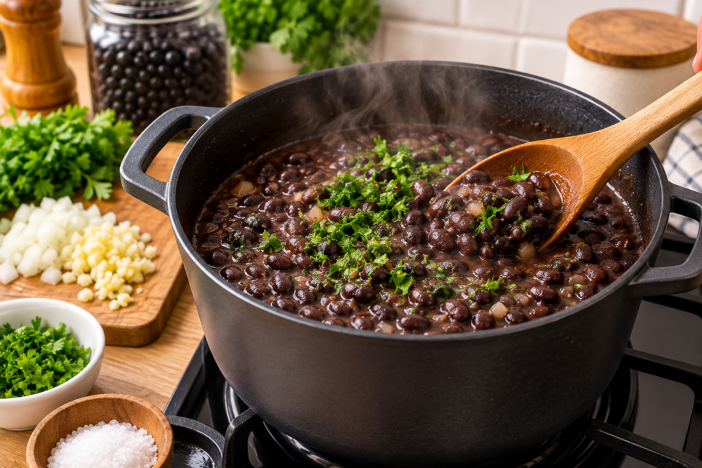 Feijão cozido com alho, cebola e cheiro-verde para preparar as marmitas da semana.