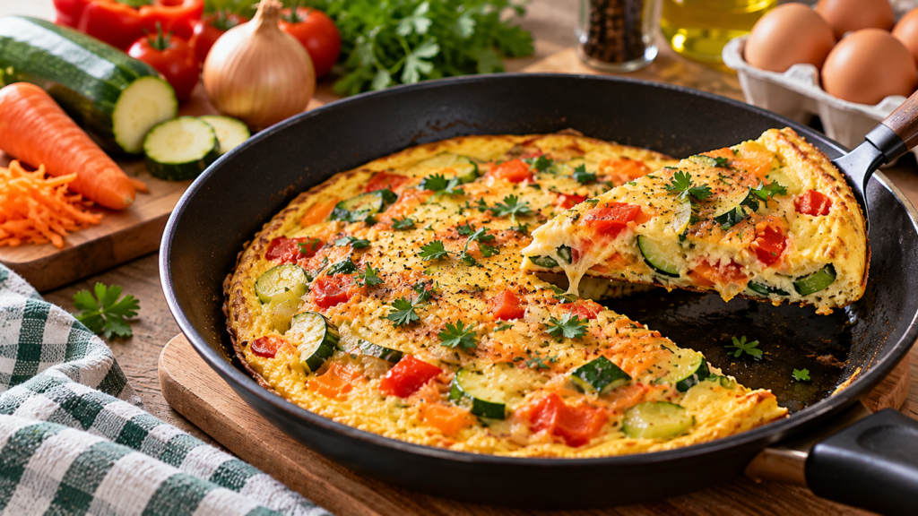 Omelete de legumes dourado preparado na frigideira com cenoura, abobrinha, tomate e ervas frescas