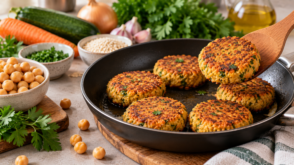 Bolinho de grão-de-bico dourado sendo preparado na frigideira com legumes e ervas